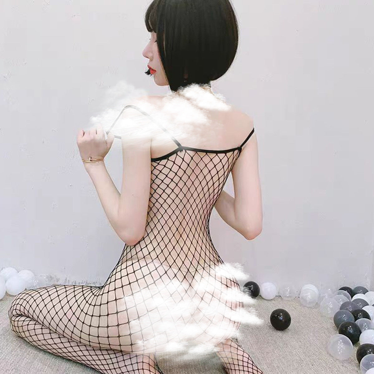 Fishnet Bodysuit with Suspender Straps - One Piece Design