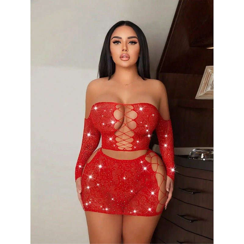 Rhinestone Tube Top Mesh Dress - Two-Piece Bodycon Set