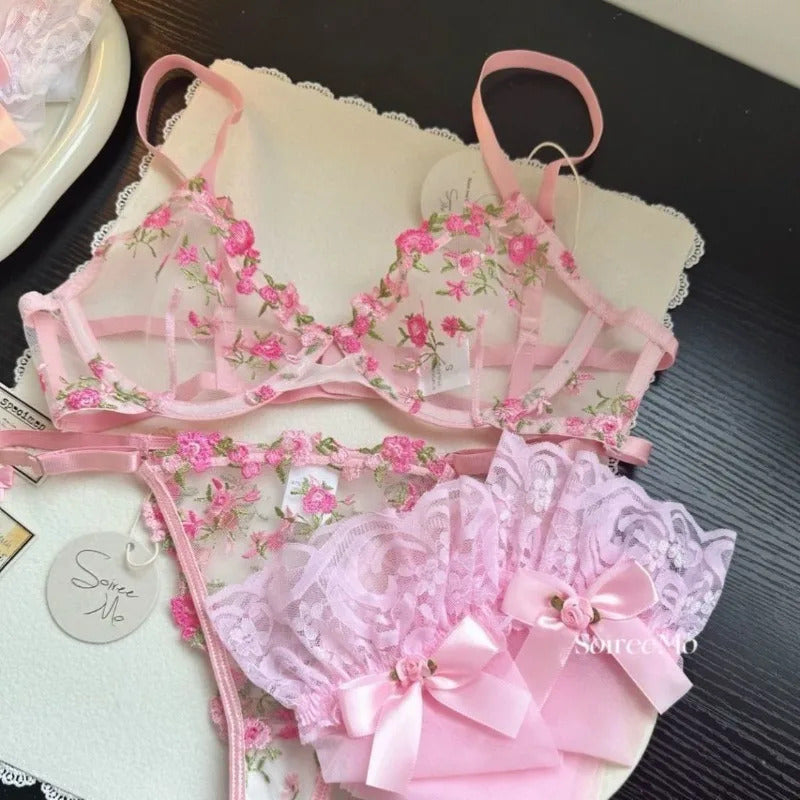 Parisian Nights Embroidered Lace Bralette - French Mesh Set