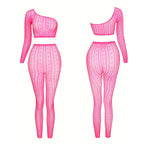 Mesh Bodysuit Set - Hollow Out Sheer Design with Pants