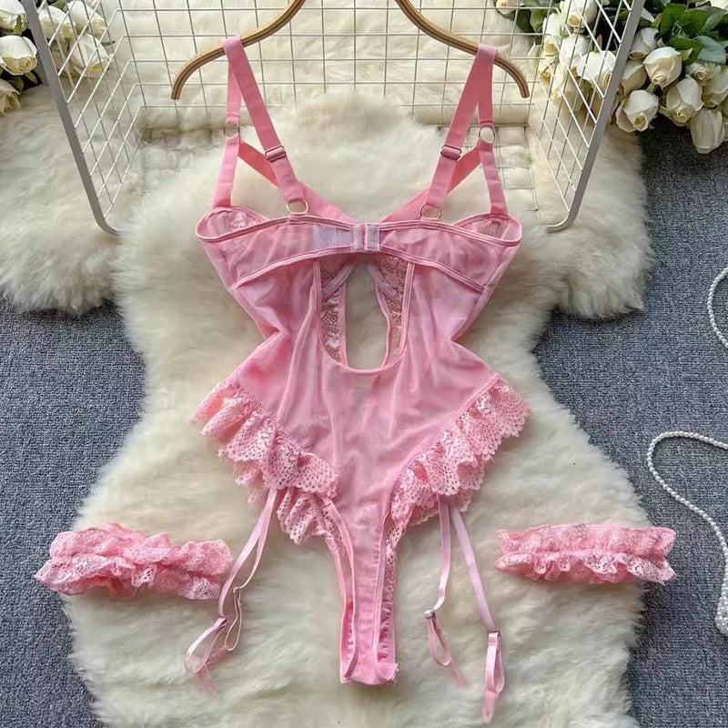 Midnight Allure Lace Bodysuit - Sheer Mesh Garter Set