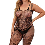 Plus Size Mesh Bodysuit Set - Hollow Out Sleepwear