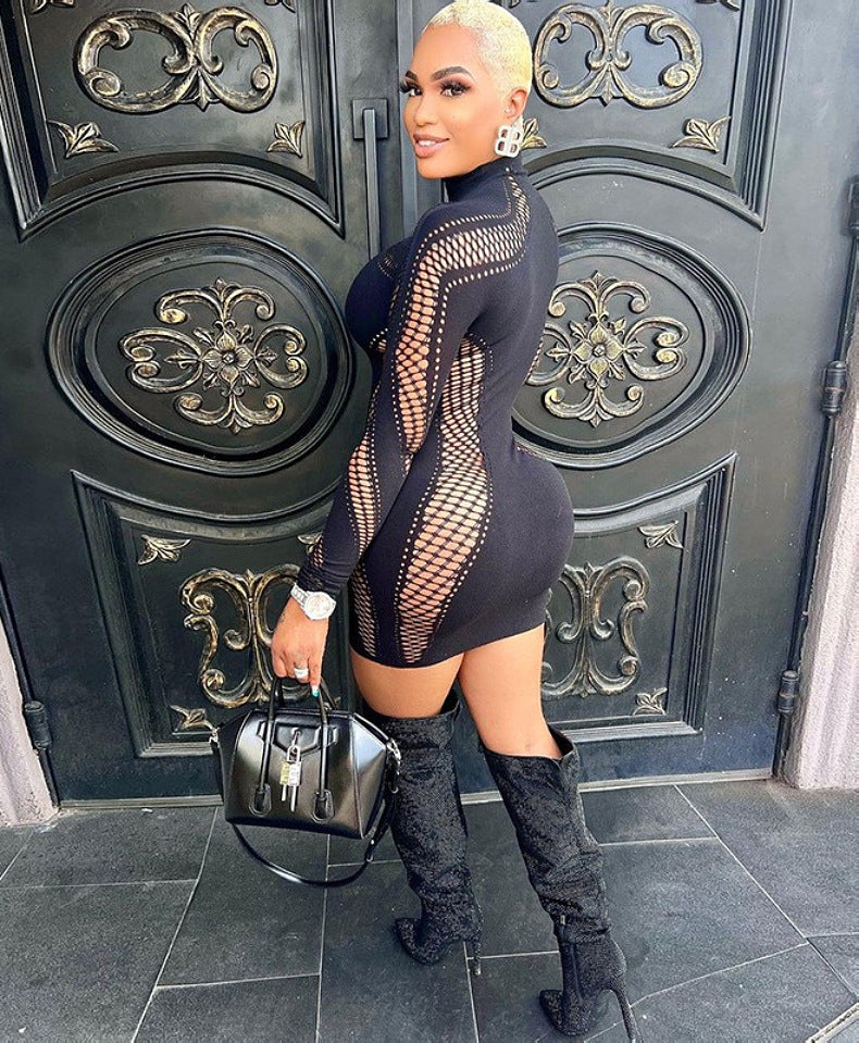 One-Piece Hollow Out Bodysuit - Short Style Half High Neck Long Sleeve