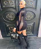 One-Piece Hollow Out Bodysuit - Short Style Half High Neck Long Sleeve