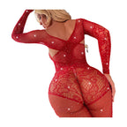 Rhinestone Embroidered Fishnet Bodysuit - Long Sleeve Design