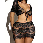 Short Sleeve Off-Shoulder Mesh Tie Set Dress - Bright Color Series