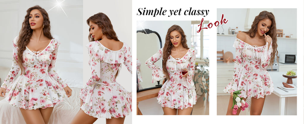 Romantic Ruffles Off-Shoulder Babydoll - Long Sleeve Nightgown