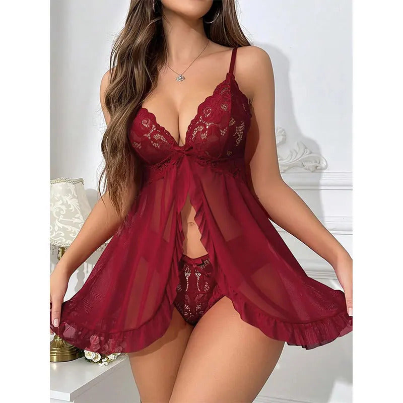 Moonlight Whisper Lace Nightgown - Sheer Tulle Set