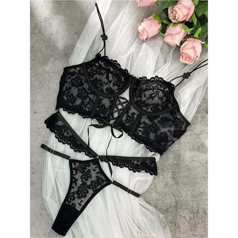 Noir Romance Floral Lace Set - Sheer Bra & Brief Collection
