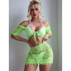 Short Sleeve Off-Shoulder Mesh Tie Set Dress - Bright Color Series