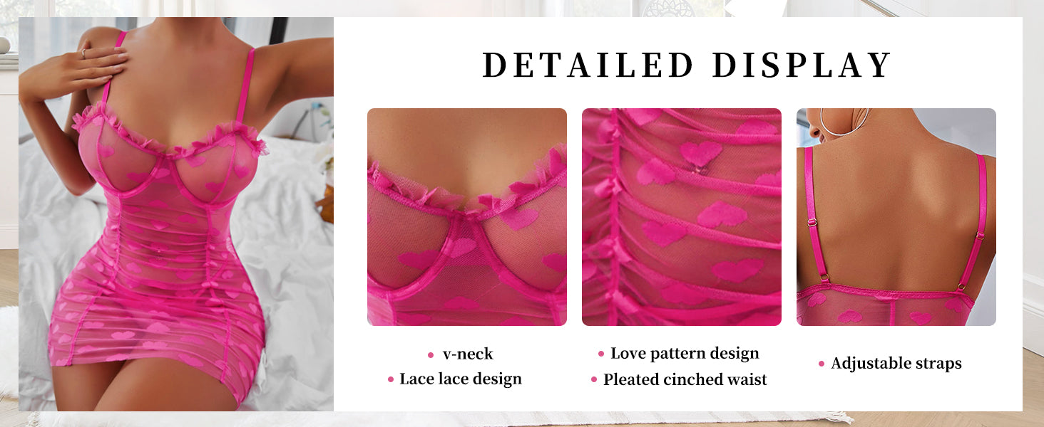 Sheer Heart Mesh Babydoll Set - Ruffle Cami Lingerie with Thong