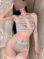 Striped Mesh Bodysuit - Two Piece Lingerie Set