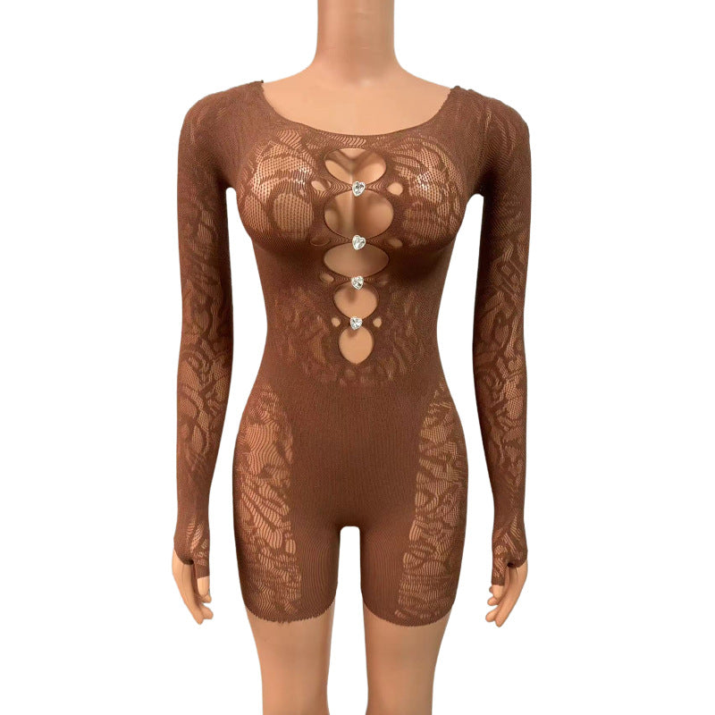 Mesh Bodycon Bodysuit - High Waist Long Sleeve Sleepwear