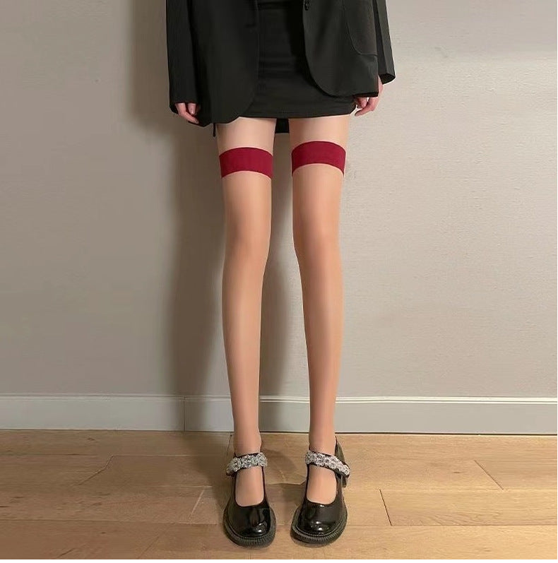 Over-Knee Stockings - Color Block Design with Red Edge