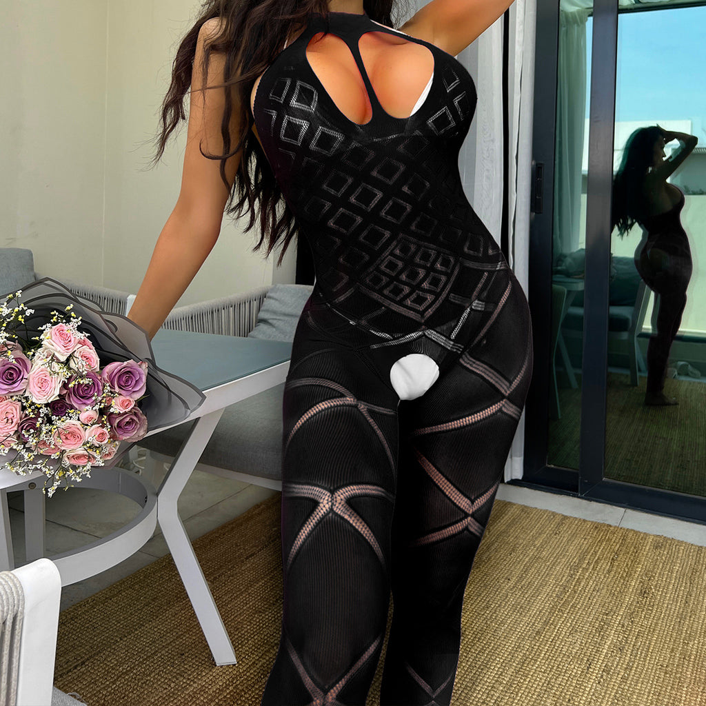 Backless Mesh Bodysuit - Tight-Fitting Hollow Out Design