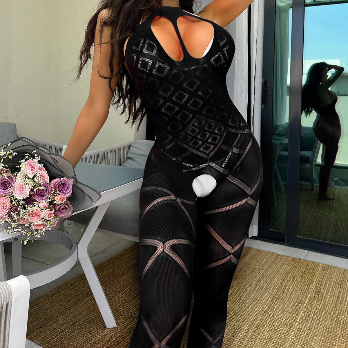 Backless Mesh Bodysuit - Tight-Fitting Hollow Out Design