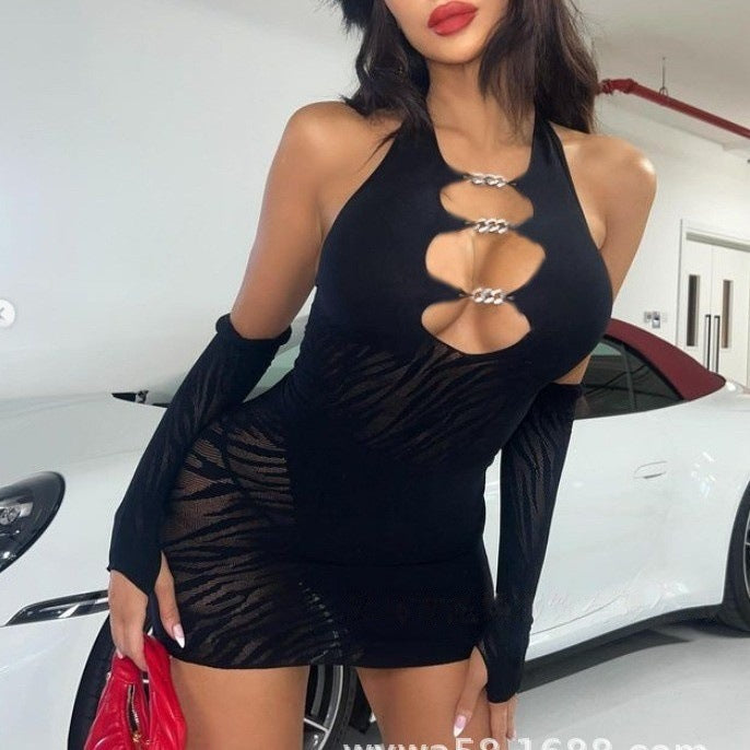 Hollow Out Long Sleeve Bodycon Dress - Chain Detail