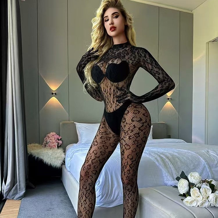 Leopard Print One-Piece Bodysuit with Stockings Set
