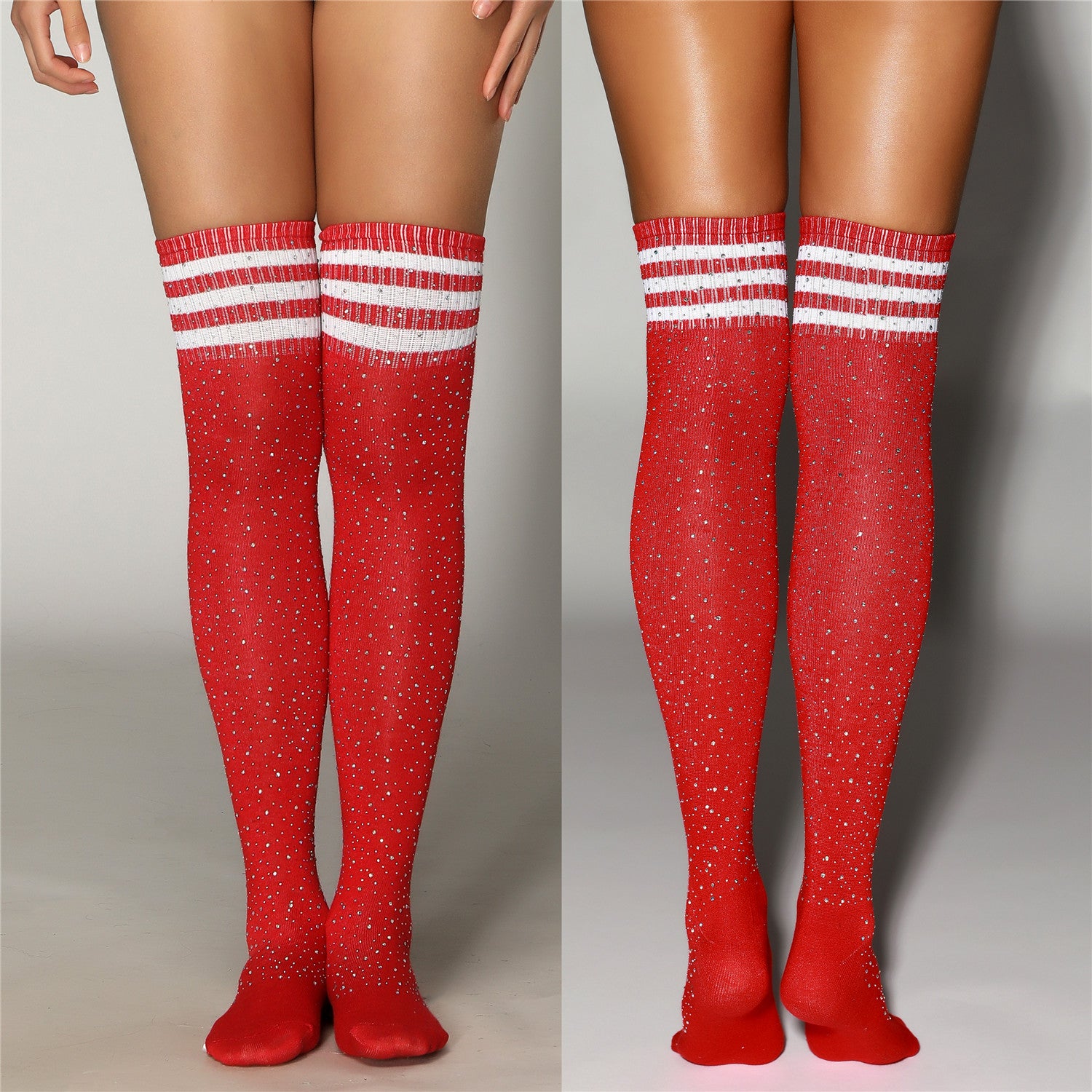 Rhinestone Over-the-Knee Socks - Three Stripe Long Tube Student Socks