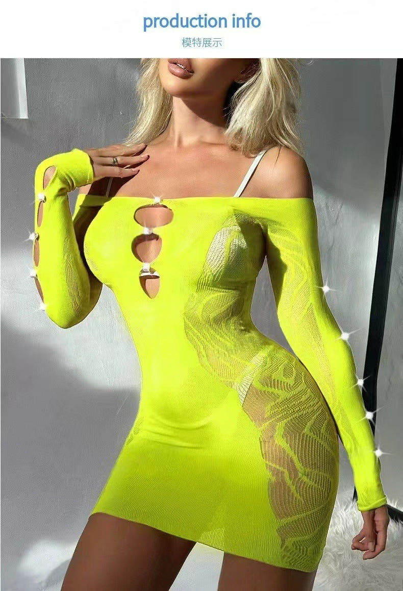 Pearl Hollow Out Mesh Dress - Long Sleeve Bodycon Style