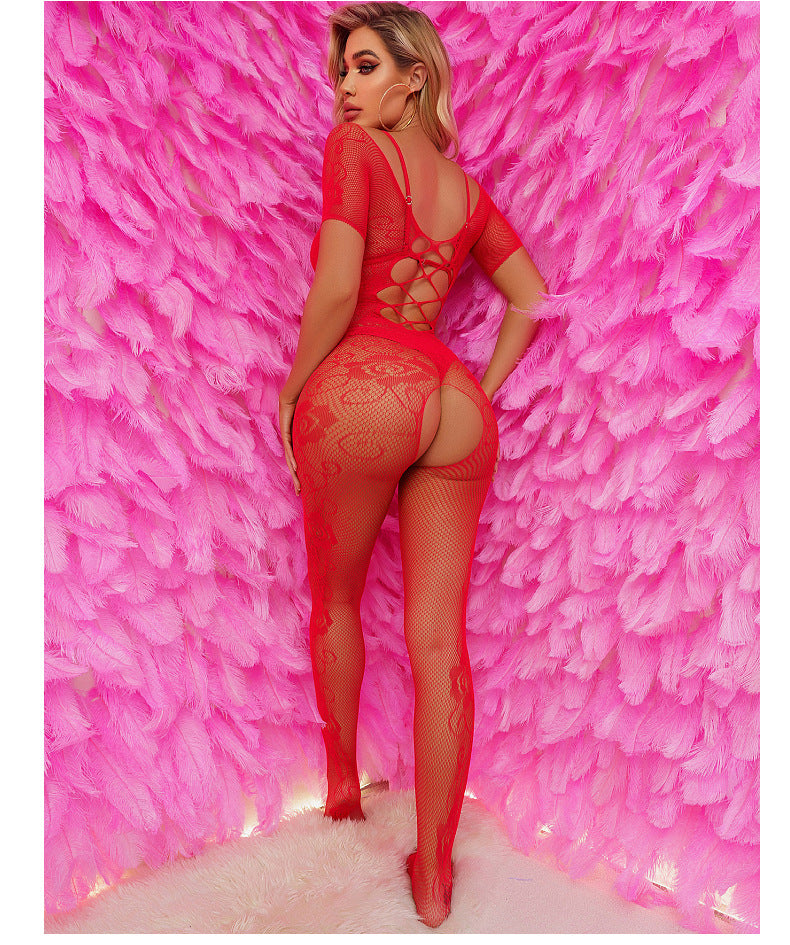 Jacquard Mesh Dress with Stockings - One Piece Nightwear Set