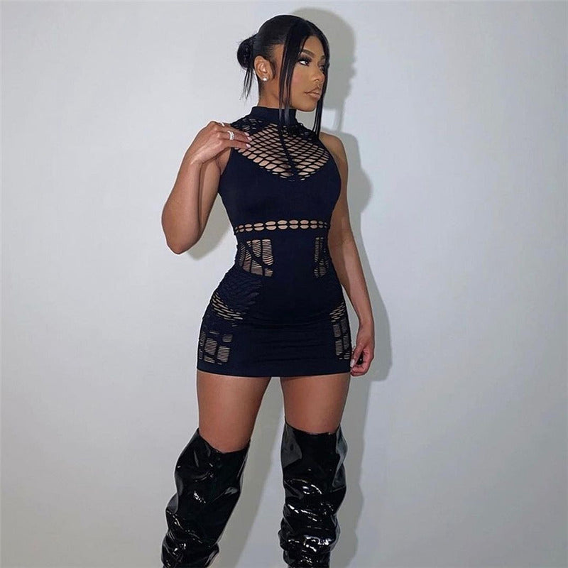 Fishnet Mesh Dress - Sleeveless Design