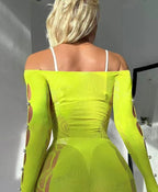 Pearl Hollow Out Mesh Dress - Long Sleeve Bodycon Style