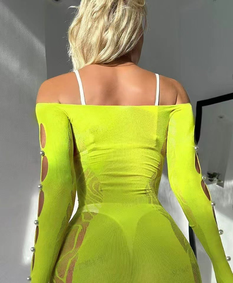 Pearl Hollow Out Mesh Dress - Long Sleeve Bodycon Style