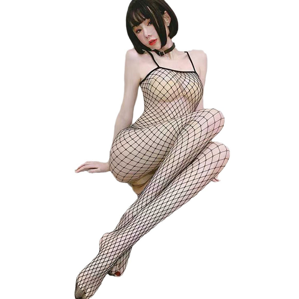 Fishnet Bodysuit with Suspender Straps - One Piece Design